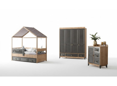 Graues Jugendzimmer Set Kinderzimmer Kommode Schrank und Bett 3tlg.