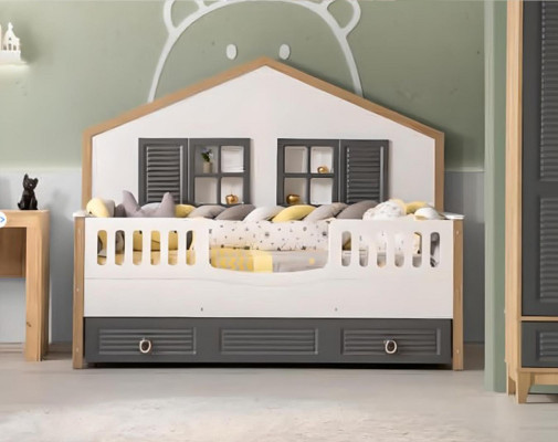 luxuriös Komplette Kindermöbel Bett Holz Set 4tlg Kinderzimmer Grau
