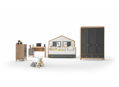 luxuriös Komplette Kindermöbel Bett Holz Set 4tlg Kinderzimmer Grau