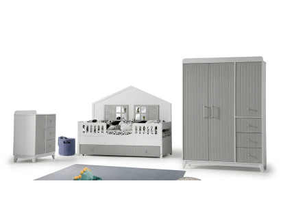 Schickes 3tlg Kinderzimmer-Set: Kommode, Kleiderschrank, Helles Bett