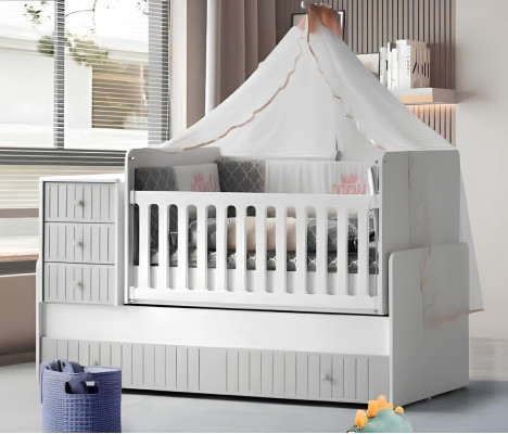 Komplett-Set für Kinderzimmer: Kommode, Kleiderschrank, Kinderbett Grau Farbe