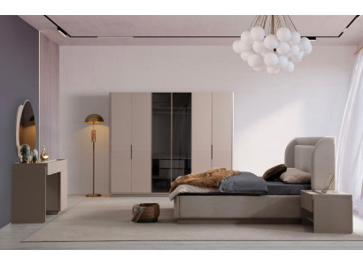 Designer Beiges Schlafzimmer Set Bett 2x Nachttische Kleiderschrank 5tlg
