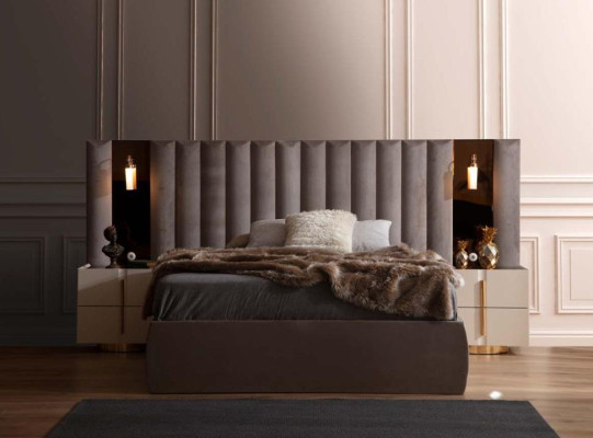 Beige Schlafzimmer Garnitur Designer Bett Kleiderschrank 2x Nachttische