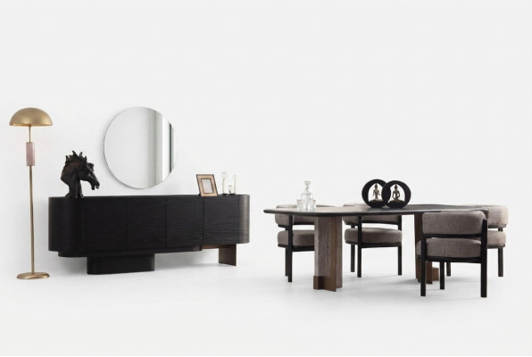 Designer Esszimmer Garnitur Esstisch 6x Stühle Anrichte Spiegel 9tlg