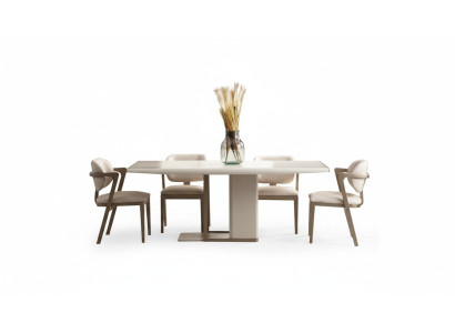 Weiß-Beige Esszimmer Möbwl Rechteckiger Esstisch Mit 6x Stühlen 7 tlg