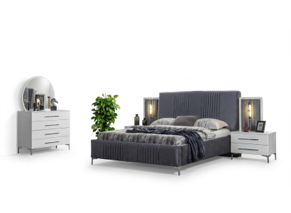Stilvolle Schlafzimmer Garnitur Graues Doppelbett Holz Nachttische 5tlg