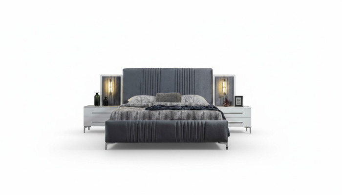 Modernes Graues Doppelbett 2x Holz Nachttische Schlafzimmer Garnitur