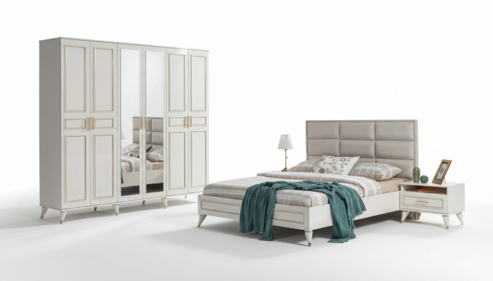 Weiße Schlafzimmer Möbel Holz Glasschrank Textil Doppelbett Nachttische