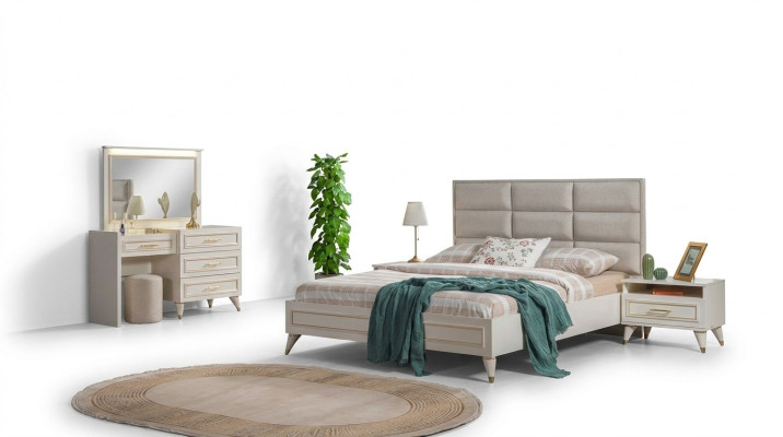 Großes Schlafzimmer Set Doppelbett Schminkttisch Hocker Spiegel 6tlg