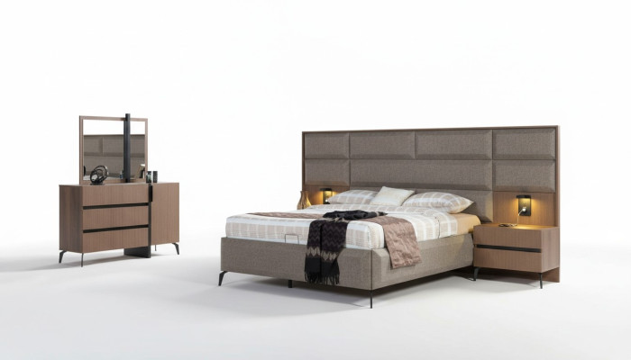 Grau-Braunes Doppelbett Exklusive Schlafzimmer Kommode Spiegel 5tlg Set