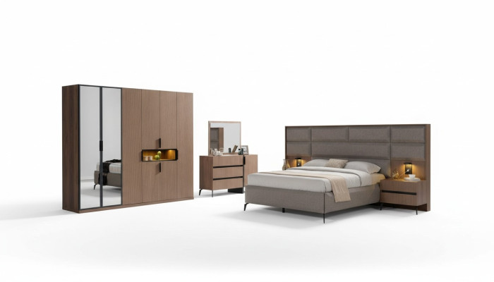 Braune Schlafzimmer Holz Möbel Textilbett Nachttische Kommode Schrank