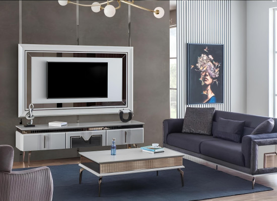 Wohnwand Wohnzimmer Grau Möbel Sideboard TV Wandpaneel Paneel 2tlg