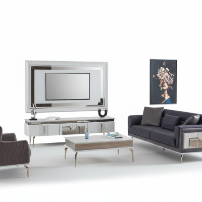 Designer Wohnzimmer Set 4tlg. Polstersofa TV Ständer Couchtisch Tische