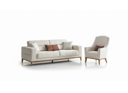 Weiße Exklusive Wohnzimmer Textil Garnitur 3-Sitzer Luxus Sessel 2tlg