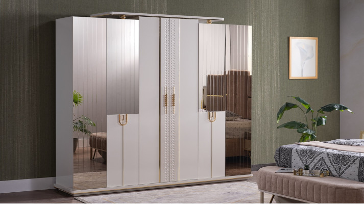 Luxus Schlafzimmer Set 5 tlg. Bett 2x Nachttische Kleiderschrank Bank Moderne