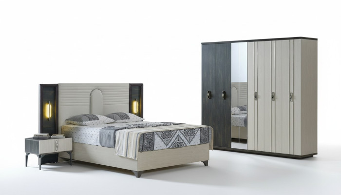 Luxus Schlafzimmer Set 4 tlg. Bett 2x Nachttische Kleiderschrank Beige