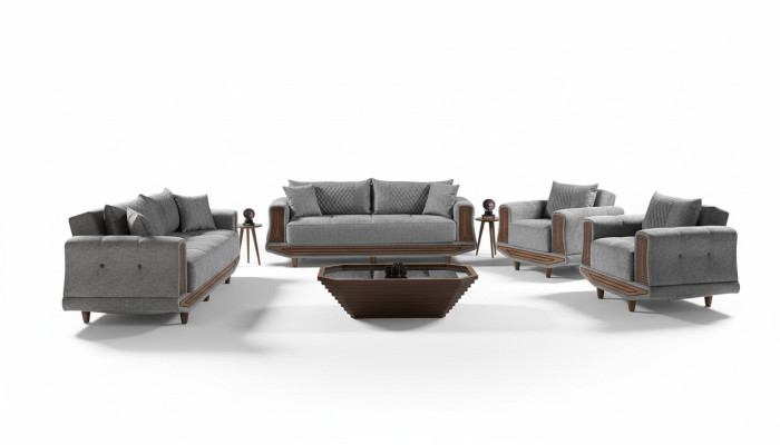 Sofagarnitur 3+2+1+1 Sitzer Textil Holz Sofa 3 Sitzer Modern Sessel Komplett Set