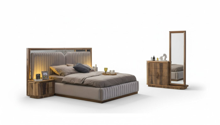 Modernes Schlafzimmer Set Bett + 2x Nachttische + Kommode mit Spiegel Modern