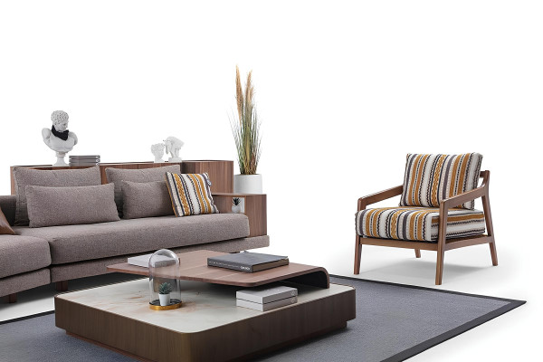 Exklusive Wohnzimmer Couchgarnitur Stoffsofa Holz Couchtisch Sideboard