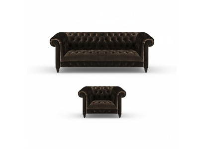 Braune Chesterfield Polster Garnitur Designer 3-Sitzer Textil Sessel 2tlg