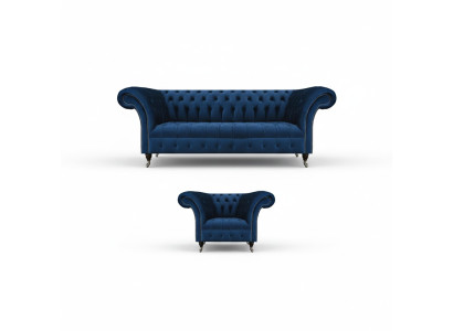 Blaue Chesterfield Garnitur Designer Dreisitzer Stoffsessel 2tlg Möbel