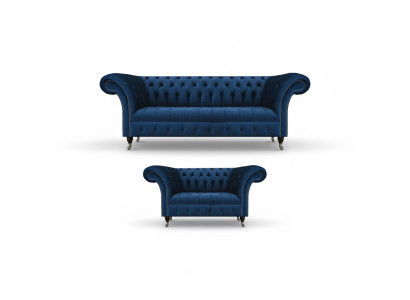 Edle Chesterfield Sofagarnitur Designer Blauer Dreisitzer Polster 2-er