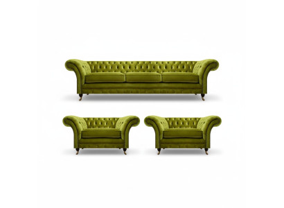 Olivengrüne Wohnzimmer Garnitur Chesterfield Polstercouch 2x Sessel 3tlg
