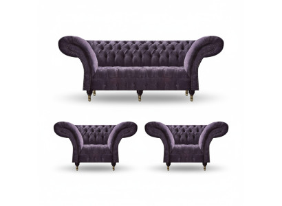 Lila Chesterfield Polstergarnitur Wohnzimmer 3-Sitzer Designer 2x Sessel