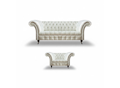 Moderne Chesterfield Weiße Stoffcouch Exklusiver Wohnzimmer Sessel 2tlg