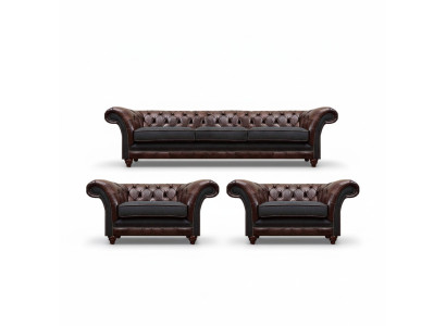 Braun-Graue Chesterfield Sitzgarnitur 2x Ledersessel Dreisitzer 3tlg Set
