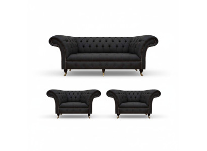 Moderne Chesterfield Schwarze Garnitur Designer 2x Textilsessel 3-Sitzer