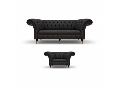 Chesterfield Schwarze Stoffgarnitur Designer 3-Sitzer Polstersessel 2tlg