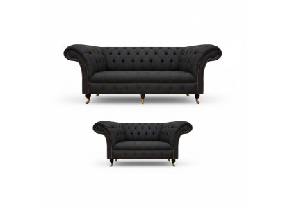 Komplett Schwarze Chesterfield Garnitur Designer Dreisitzer Moderner 2-er