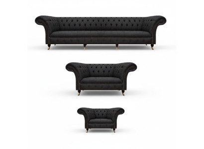 Komplette Schwarze Chesterfield Sitzgarnitur Designer Zweisitzer Sessel