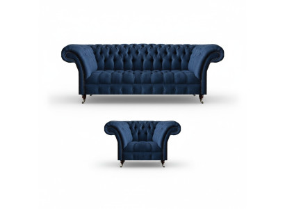 Dunkelblaue Wohnzimmer 3-Sitzer Couch Designer Lehnsessel Edler 2tlg Set