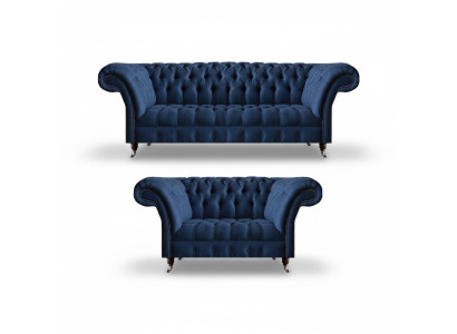 Blaue Sofagarnitur Chesterfield Textil Couchen Dreisitzer Zweisitzer 2tlg