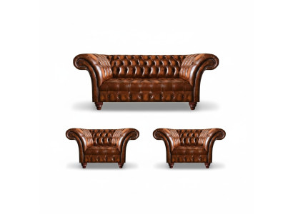 Braune Wohnzimmer Chesterfield Garnitur 2x Ledersessel Edler Dreisitzer