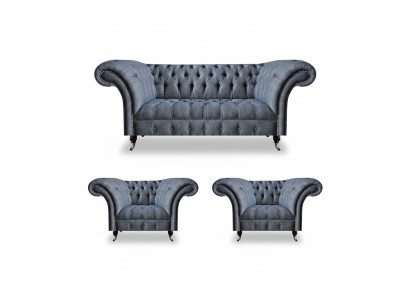 Chesterfield Garnitur Graue Polster Sitzmöbel 2x Lehnsessel Dreisitzer