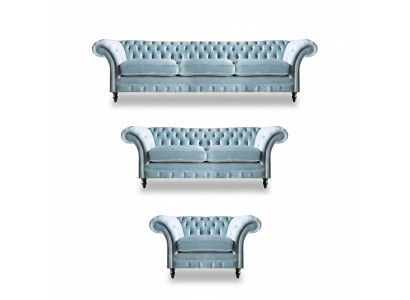 Luxuriöse Blaue Chesterfield Polster Garnitur Dreisitzer Lehnsessel 3tlg