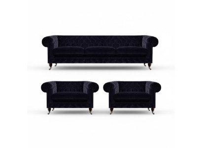 Blaue Chesterfield Couchgarnitur Designer 3-Sitzer 2x Polstersessel 3tlg