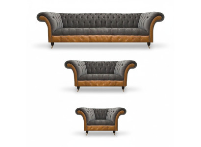 Grau-Braune Chesterfield Sitzgarnitur Polstersofas Textil Couchen 3tlg