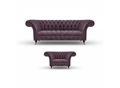 Chesterfield Lila Wohnzimmer Couchgarnitur Edler 3-Sitzer Textil Sessel