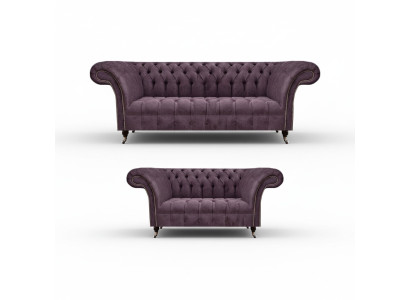 Komplette Chesterfield Lila Sitzgarnitur 2x Sofas Dreisitzer 2-Sitzer