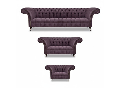Chesterfield Lila Textilsofas Designer Polster Couchen 3tlg Garnitur