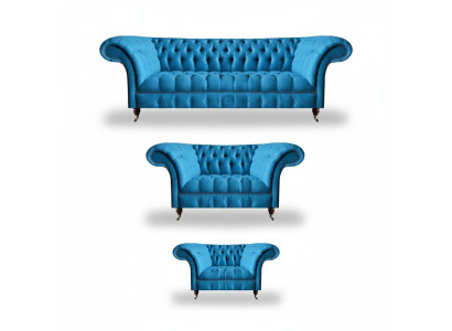 Chesterfield Hellblaue Designer Sitzmöbel Edler 3-Sitzer Zweisitzer 3tlg