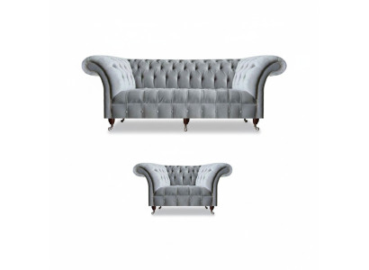 Komplette Graue Chesterfield Sitzmöbel Edler Lenhsessel 3-Sitzer Couch