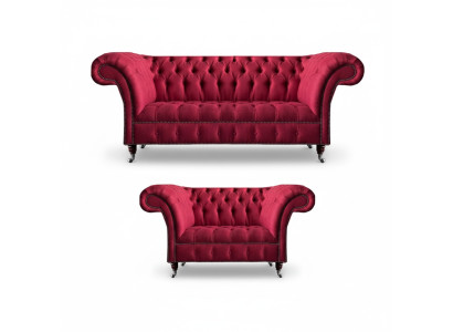 Rosa Chesterfield 3-Sitzer Stilvoller Zweisitzer Wohnzimmer Textil Set