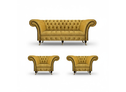Chesterfield Gelbe Sitzgarnitur Designer Dreisitzer Edle Lehnsessel 3tlg