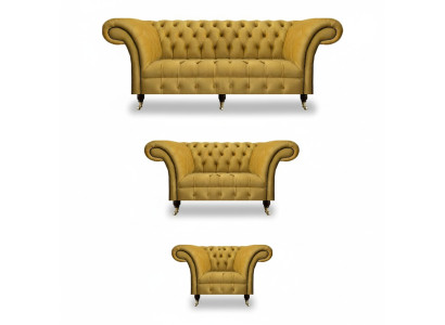 Edle Gelbe Chesterfield Garnitur Polstermöbel Textil Couchen 3tlg Set