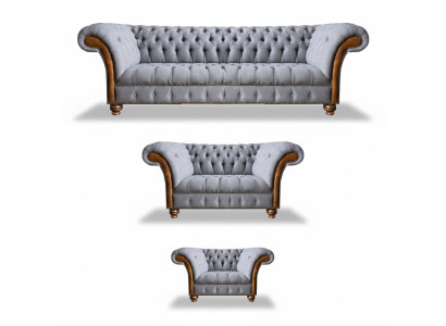 Chesterfield Hellgraue Polster Sofagarnitur Textil Designer 3tlg Set